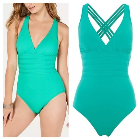 La Blanca Cross Back One-Piece Swimsuit Tummy Control Emerald Green Size 6 - Picture 1 of 10